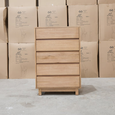 The Flintstone Tasmanian Oak Five Drawer Tallboy available to purchase from Warehouse Furniture Clearance at our next sale event.