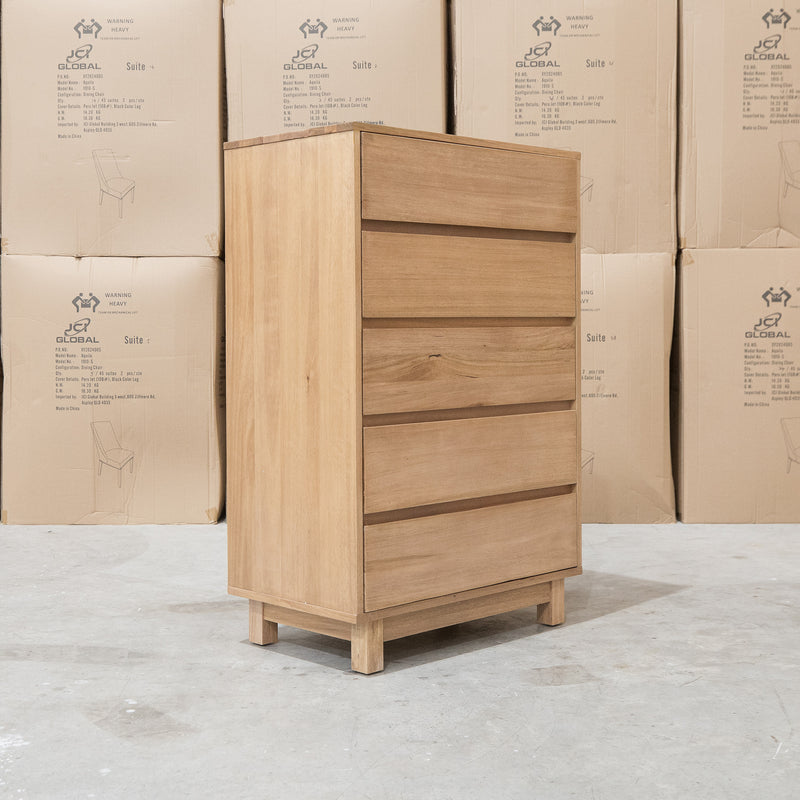 The Flintstone Tasmanian Oak Five Drawer Tallboy available to purchase from Warehouse Furniture Clearance at our next sale event.
