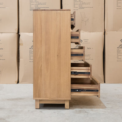 The Flintstone Tasmanian Oak Five Drawer Tallboy available to purchase from Warehouse Furniture Clearance at our next sale event.