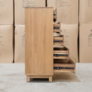 The Flintstone Tasmanian Oak Five Drawer Tallboy available to purchase from Warehouse Furniture Clearance at our next sale event.