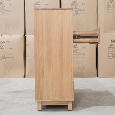 The Flintstone Tasmanian Oak Five Drawer Tallboy available to purchase from Warehouse Furniture Clearance at our next sale event.