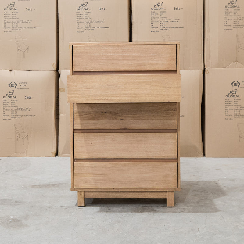 The Flintstone Tasmanian Oak Five Drawer Tallboy available to purchase from Warehouse Furniture Clearance at our next sale event.