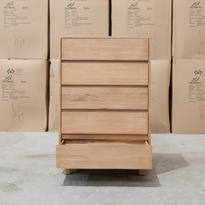 The Flintstone Tasmanian Oak Five Drawer Tallboy available to purchase from Warehouse Furniture Clearance at our next sale event.
