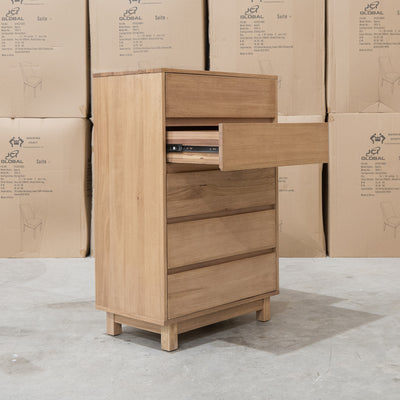 The Flintstone Tasmanian Oak Five Drawer Tallboy available to purchase from Warehouse Furniture Clearance at our next sale event.