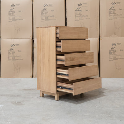 The Flintstone Tasmanian Oak Five Drawer Tallboy available to purchase from Warehouse Furniture Clearance at our next sale event.