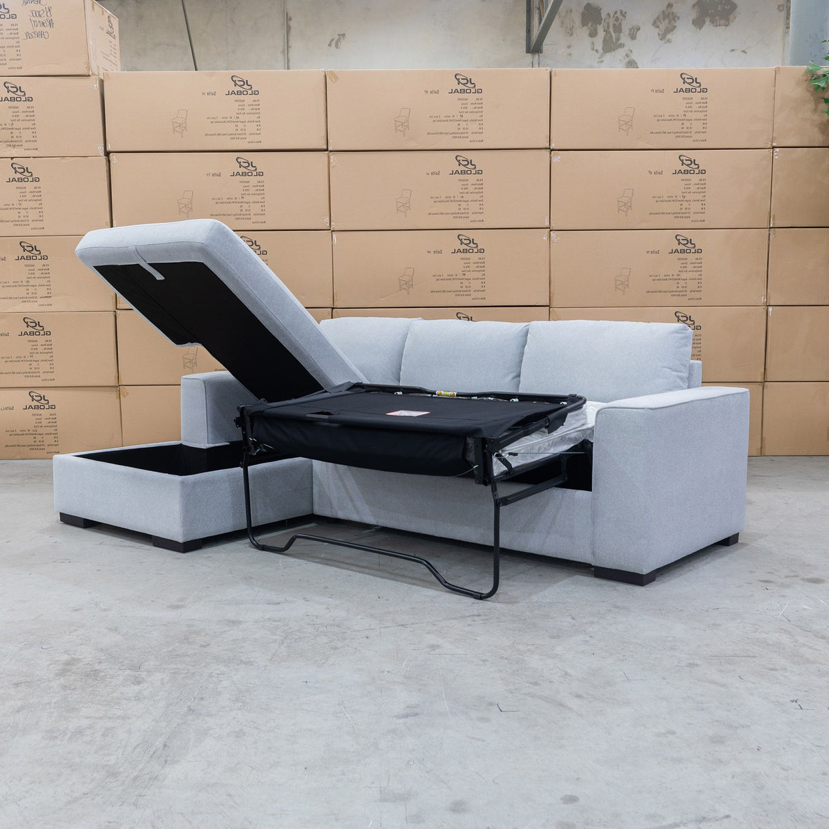The Oakland Sofa Bed with LHF Storage Chaise - Silver available to purchase from Warehouse Furniture Clearance at our next sale event.