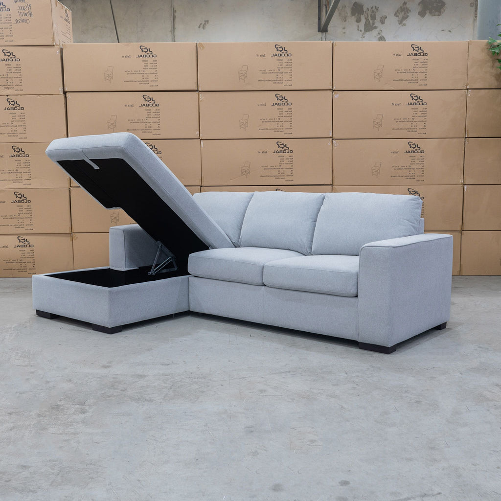 The Oakland Sofa Bed with LHF Storage Chaise - Silver available to purchase from Warehouse Furniture Clearance at our next sale event.