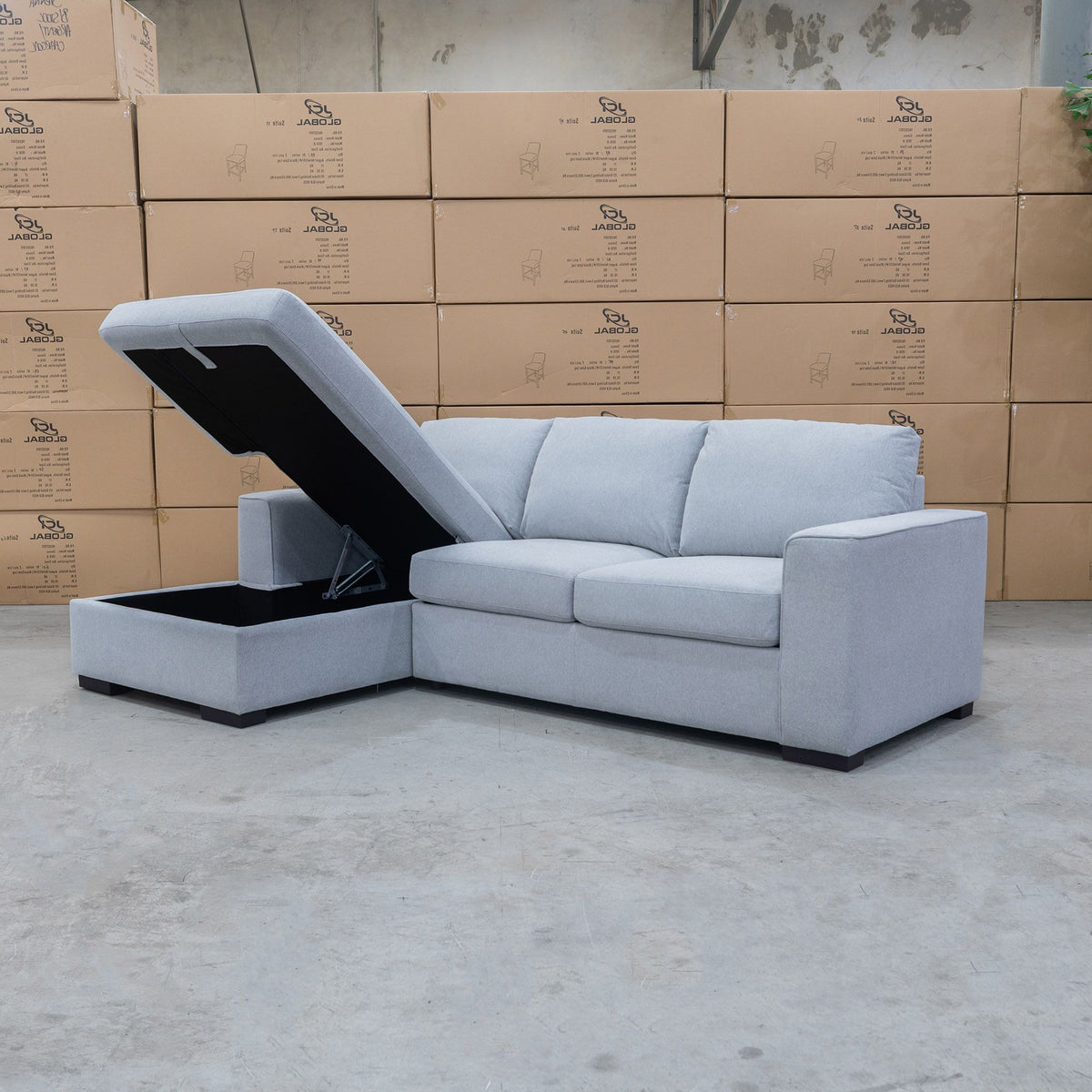 The Oakland Sofa Bed with LHF Storage Chaise - Silver available to purchase from Warehouse Furniture Clearance at our next sale event.