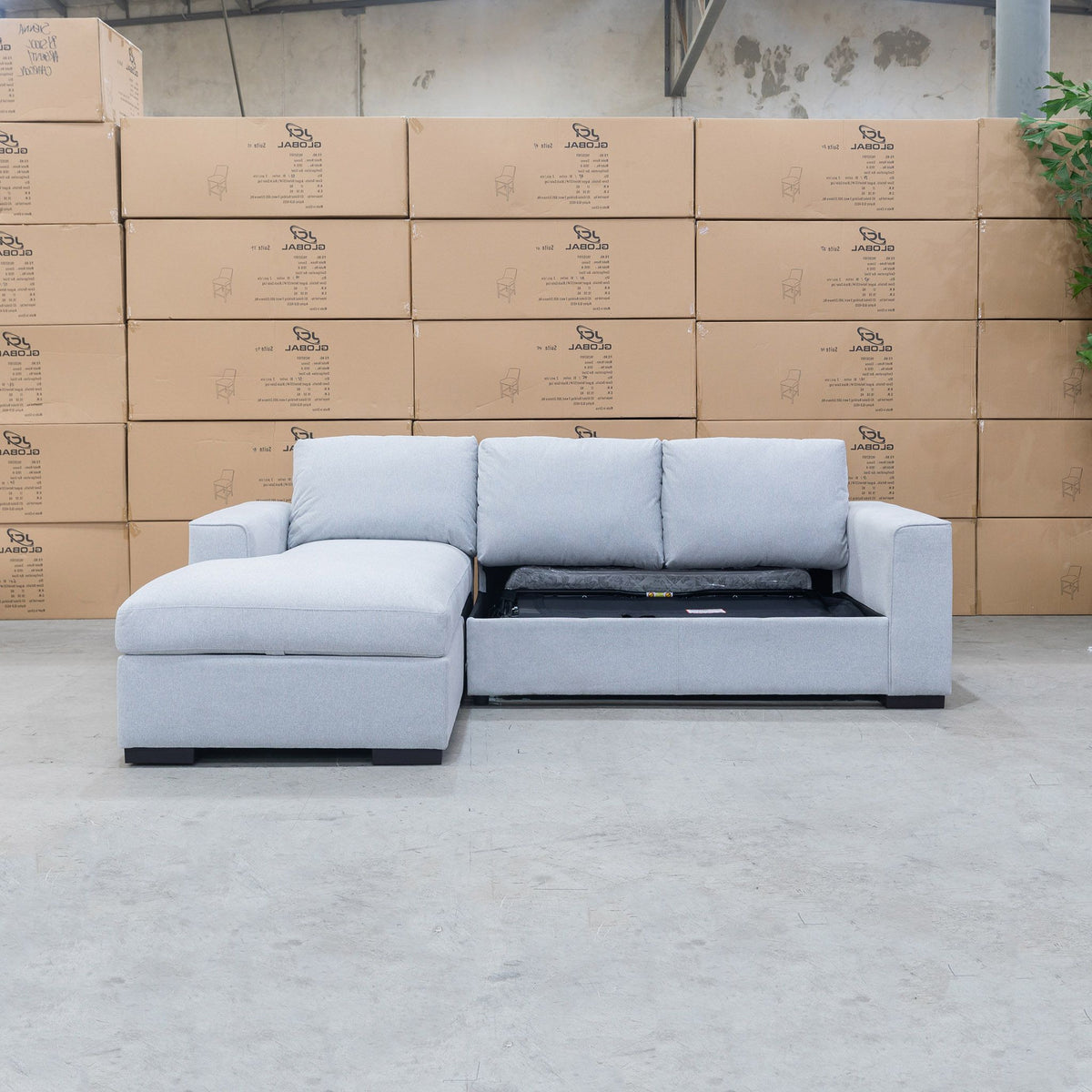 The Oakland Sofa Bed with LHF Storage Chaise - Silver available to purchase from Warehouse Furniture Clearance at our next sale event.
