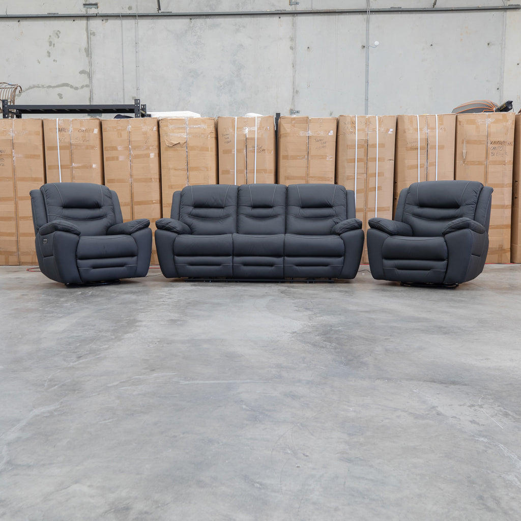 The Airlie Three Seat Electric Recliner Lounge - Jet available to purchase from Warehouse Furniture Clearance at our next sale event.