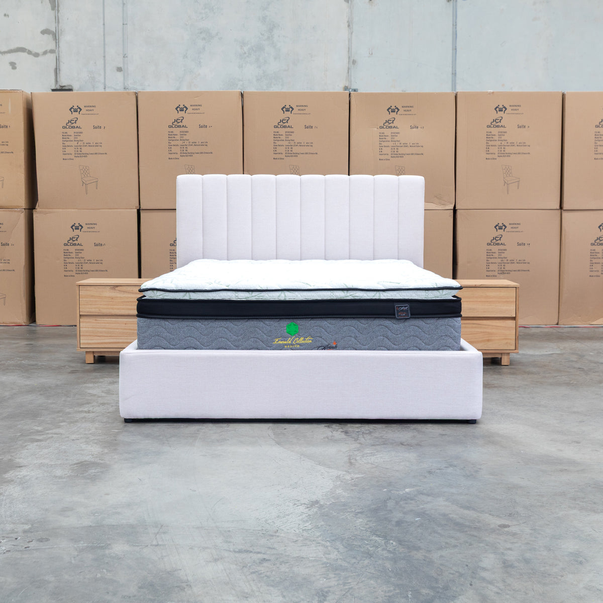 The Albany Queen Fabric Bed Extended Headboard - Beige available to purchase from Warehouse Furniture Clearance at our next sale event.