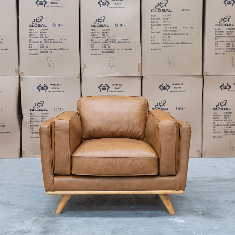 The Alpine Single Leather Armchair - Antique Tan available to purchase from Warehouse Furniture Clearance at our next sale event.