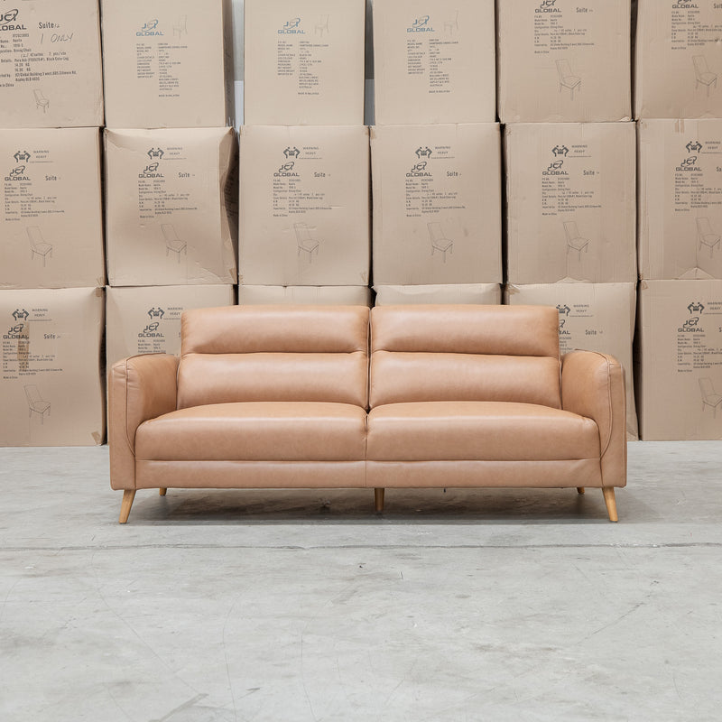The Alyssa Three Seat Leather Sofa - Tan available to purchase from Warehouse Furniture Clearance at our next sale event.