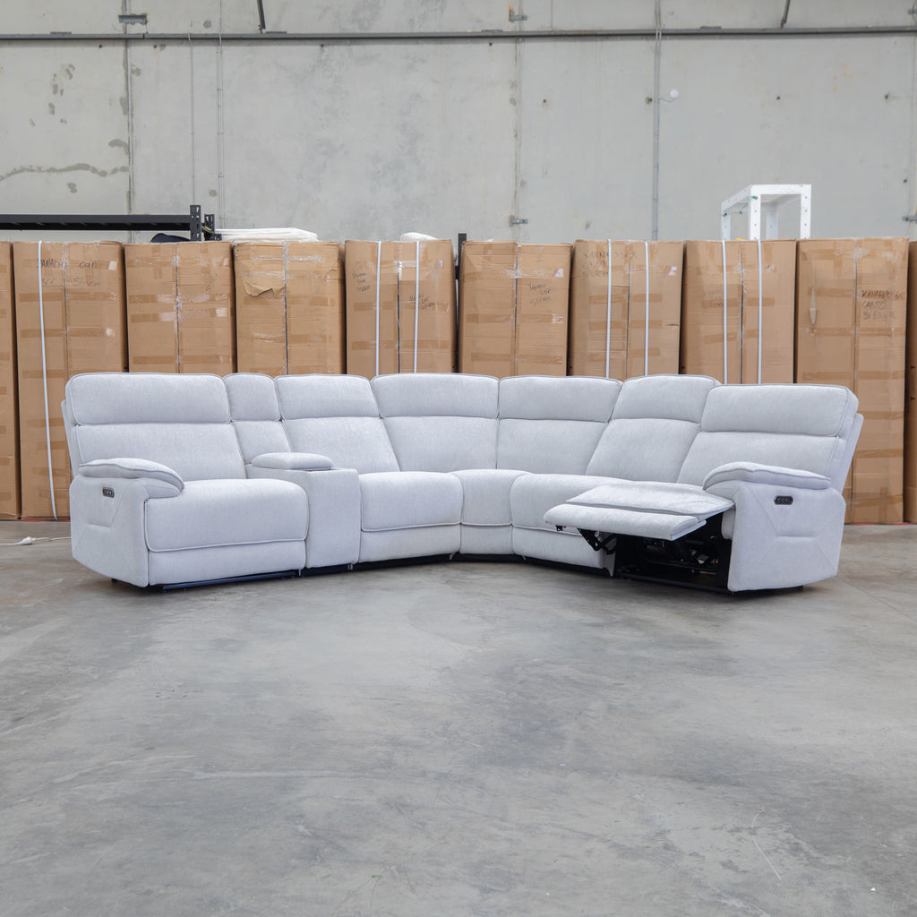 The Ambrose Modular Corner Lounge with Dual Electric Recliners - Cloud available to purchase from Warehouse Furniture Clearance at our next sale event.