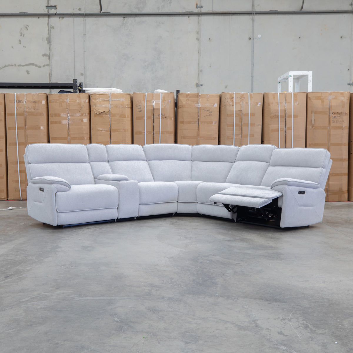 The Ambrose Modular Corner Lounge with Dual Electric Recliners - Cloud available to purchase from Warehouse Furniture Clearance at our next sale event.