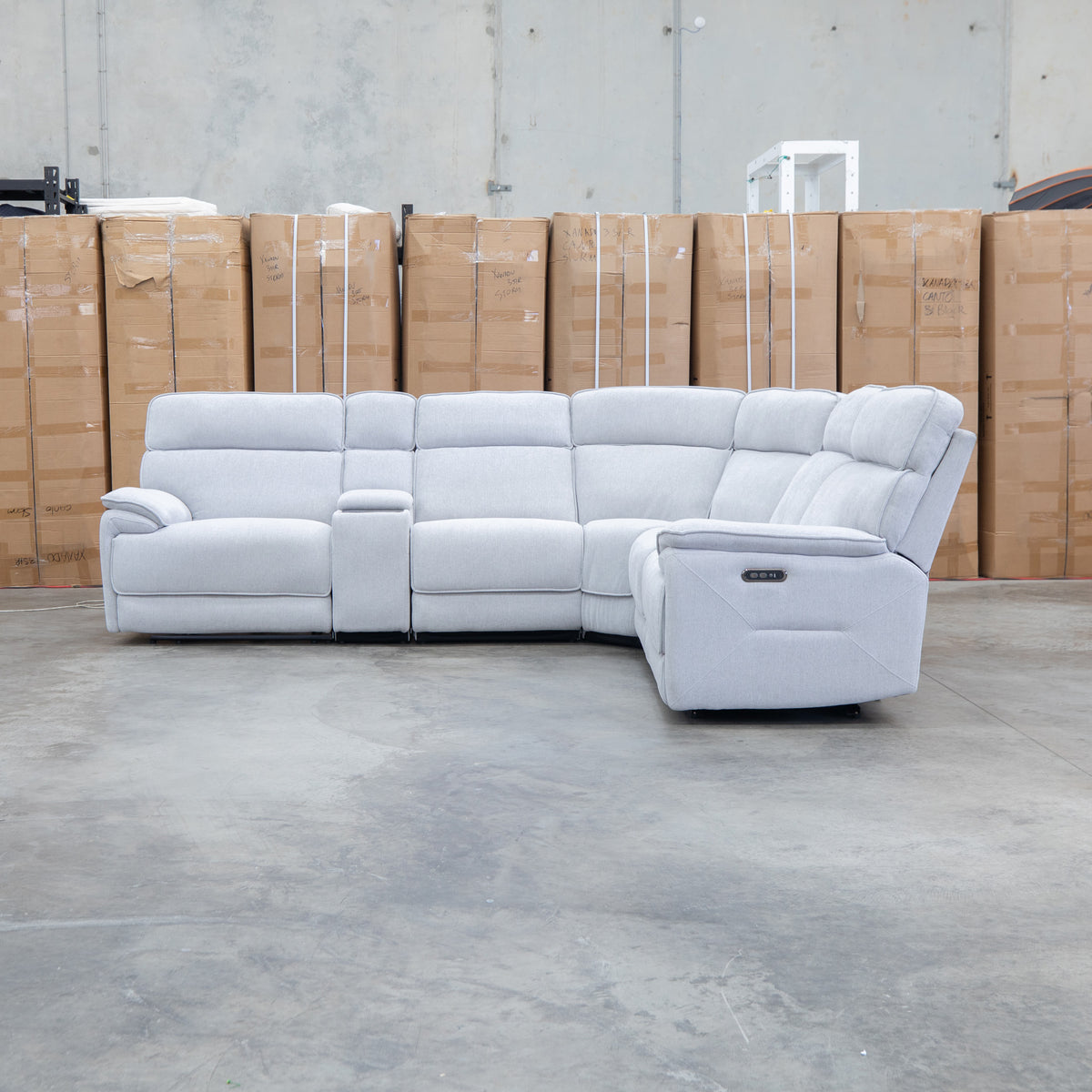 The Ambrose Modular Corner Lounge with Dual Electric Recliners - Cloud available to purchase from Warehouse Furniture Clearance at our next sale event.