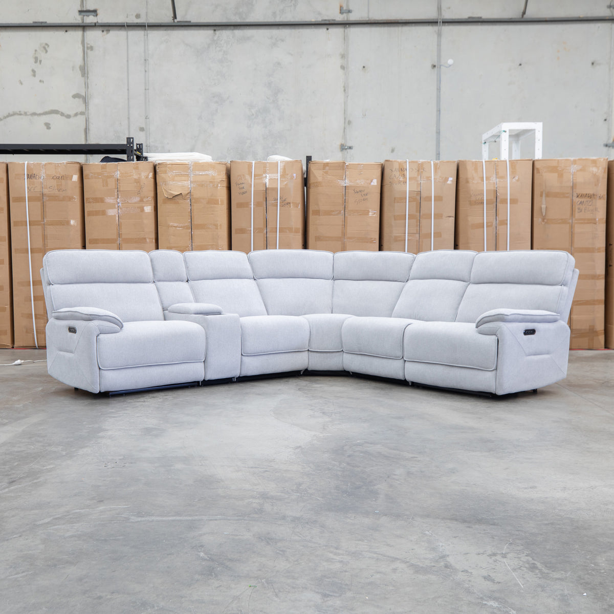 The Ambrose Modular Corner Lounge with Dual Electric Recliners - Cloud available to purchase from Warehouse Furniture Clearance at our next sale event.