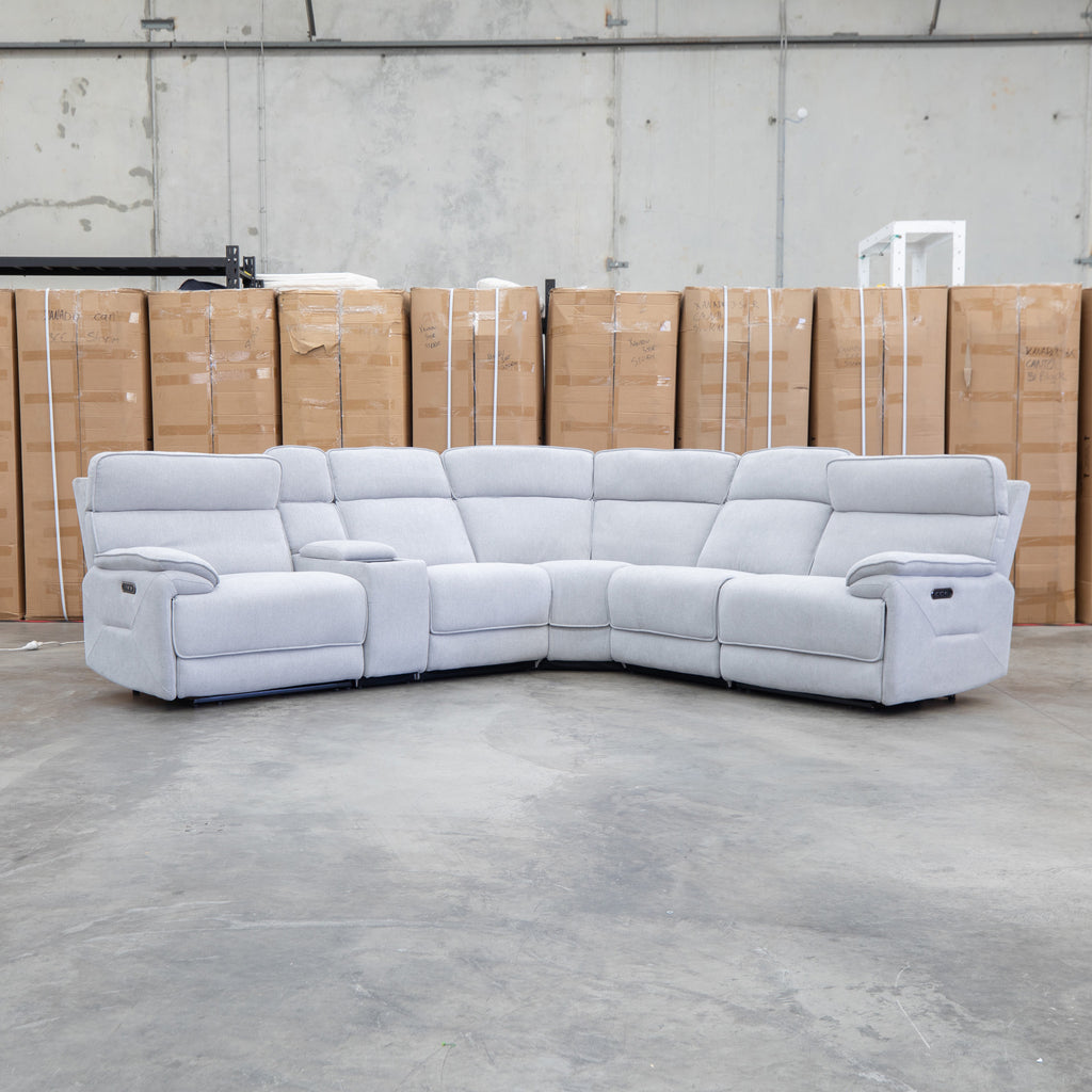 The Ambrose Modular Corner Lounge with Dual Electric Recliners - Cloud available to purchase from Warehouse Furniture Clearance at our next sale event.