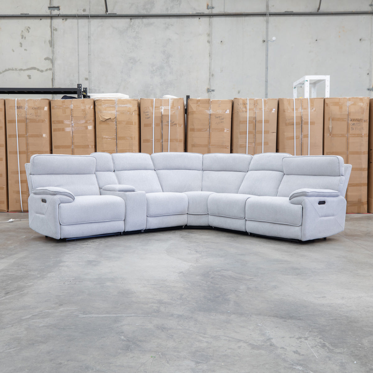 The Ambrose Modular Corner Lounge with Dual Electric Recliners - Cloud available to purchase from Warehouse Furniture Clearance at our next sale event.