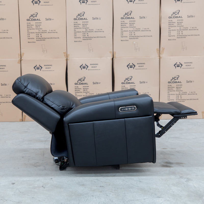 The Anchorage Triple Motor Electric Single Recliner - Black Leather available to purchase from Warehouse Furniture Clearance at our next sale event.