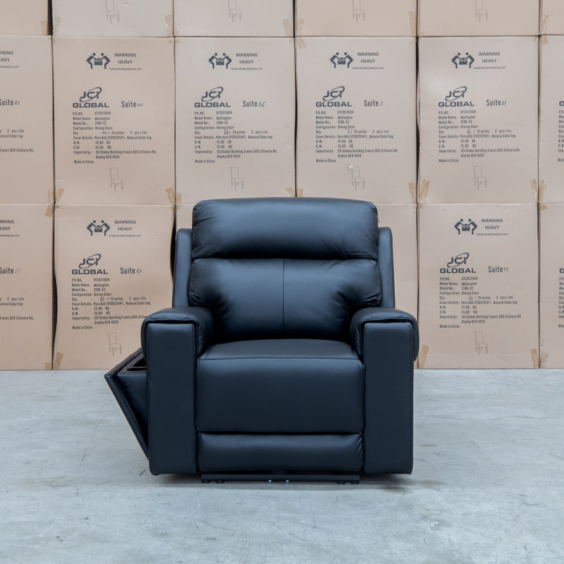 The Anchorage Triple Motor Electric Single Recliner - Black Leather available to purchase from Warehouse Furniture Clearance at our next sale event.