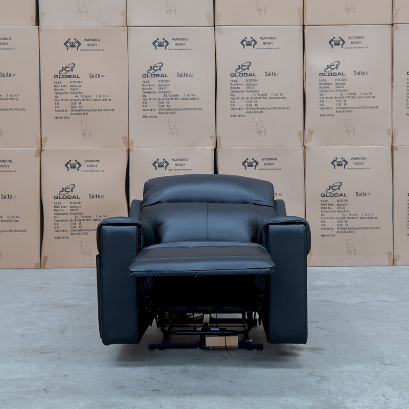 The Anchorage Triple Motor Electric Single Recliner - Black Leather available to purchase from Warehouse Furniture Clearance at our next sale event.