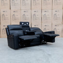 The Anchorage Three Seat Triple Motor Electric Recliner Lounge - Black Leather available to purchase from Warehouse Furniture Clearance at our next sale event.