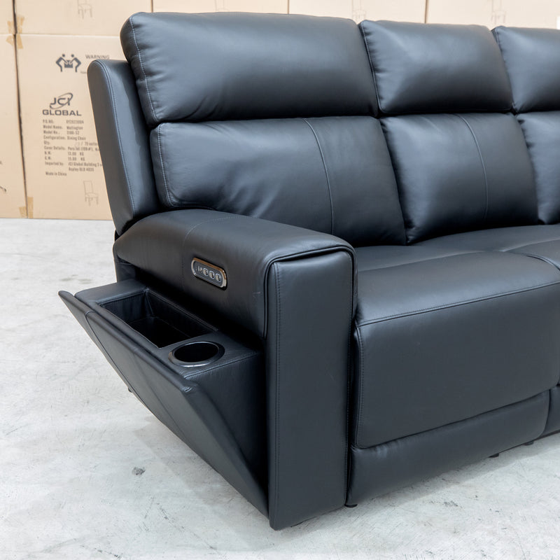 The Anchorage Three Seat Triple Motor Chaise Recliner Lounge - Black Leather available to purchase from Warehouse Furniture Clearance at our next sale event.