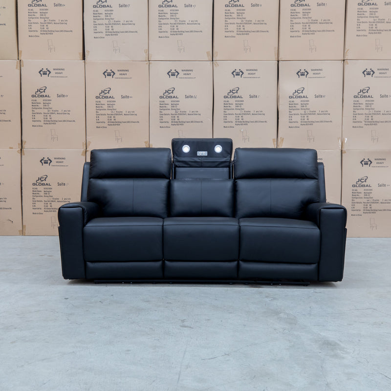 The Anchorage Three Seat Triple Motor Electric Recliner Lounge - Black Leather available to purchase from Warehouse Furniture Clearance at our next sale event.