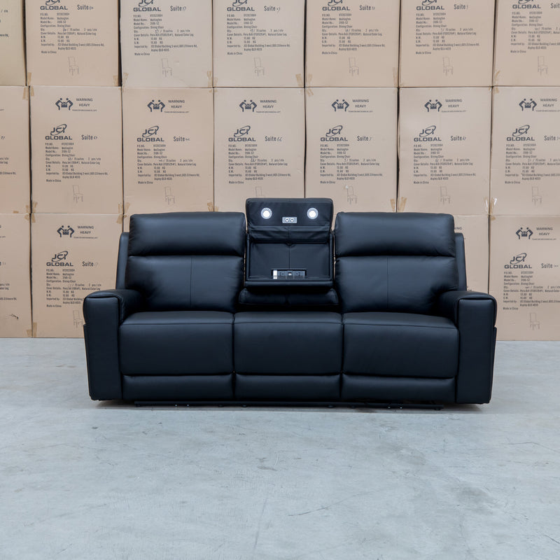 The Anchorage Three Seat Triple Motor Electric Recliner Lounge - Black Leather available to purchase from Warehouse Furniture Clearance at our next sale event.