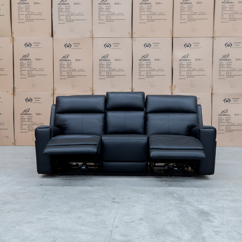 The Anchorage Three Seat Triple Motor Electric Recliner Lounge - Black Leather available to purchase from Warehouse Furniture Clearance at our next sale event.