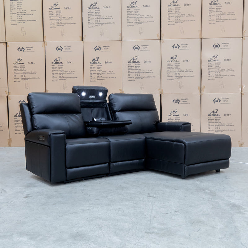 The Anchorage Three Seater Triple Motor Chaise Recliner Lounge - Black Leather available to purchase from Warehouse Furniture Clearance at our next sale event.