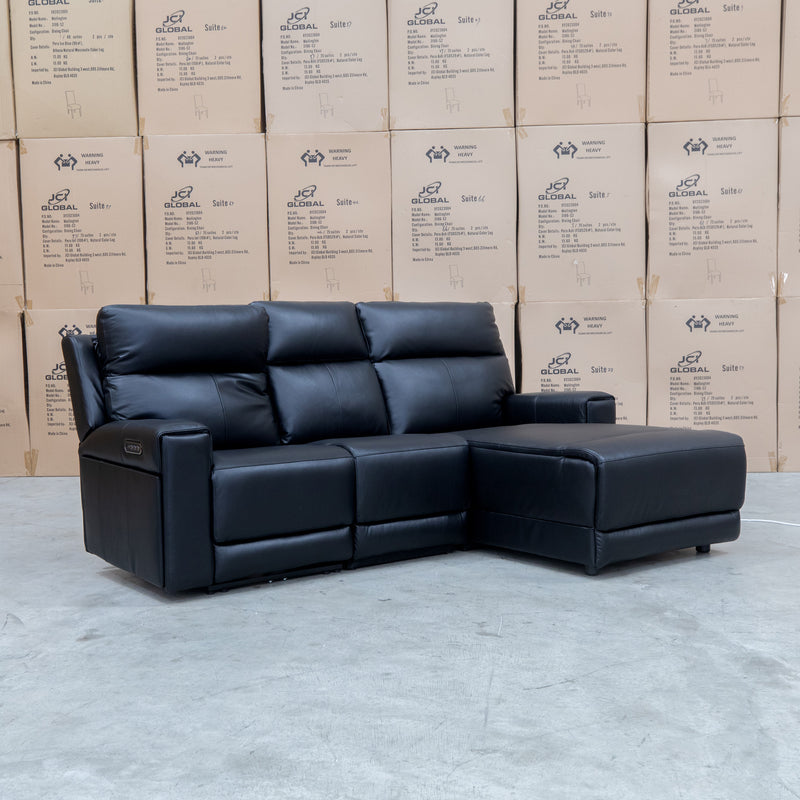 The Anchorage Three Seater Triple Motor Chaise Recliner Lounge - Black Leather available to purchase from Warehouse Furniture Clearance at our next sale event.