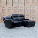 The Anchorage Three Seat Triple Motor Chaise Recliner Lounge - Black Leather available to purchase from Warehouse Furniture Clearance at our next sale event.