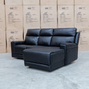 The Anchorage Three Seater Triple Motor Chaise Recliner Lounge - Black Leather available to purchase from Warehouse Furniture Clearance at our next sale event.