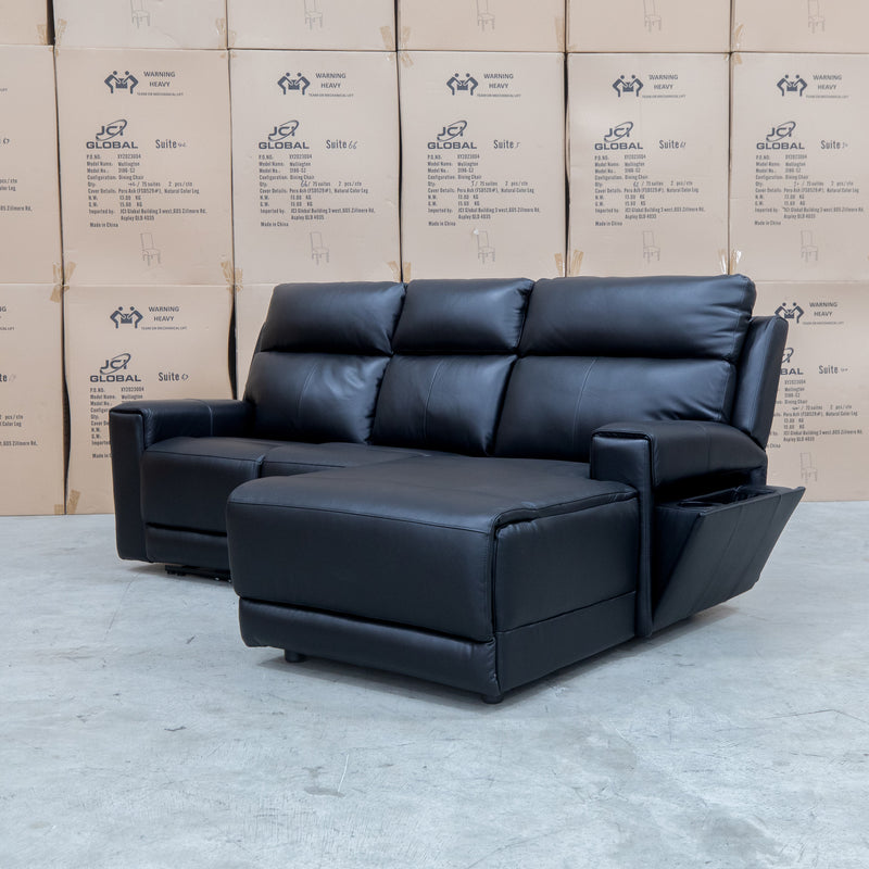 The Anchorage Three Seat Triple Motor Chaise Recliner Lounge - Black Leather available to purchase from Warehouse Furniture Clearance at our next sale event.