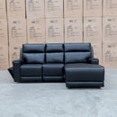 The Anchorage Three Seat Triple Motor Chaise Recliner Lounge - Black Leather available to purchase from Warehouse Furniture Clearance at our next sale event.
