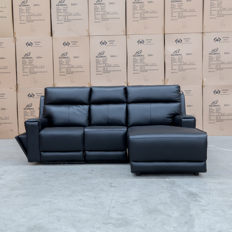 The Anchorage Three Seater Triple Motor Chaise Recliner Lounge - Black Leather available to purchase from Warehouse Furniture Clearance at our next sale event.