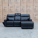 The Anchorage Three Seat Triple Motor Chaise Recliner Lounge - Black Leather available to purchase from Warehouse Furniture Clearance at our next sale event.