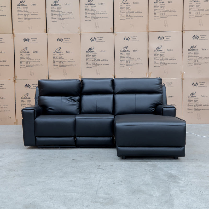 The Anchorage Three Seater Triple Motor Chaise Recliner Lounge - Black Leather available to purchase from Warehouse Furniture Clearance at our next sale event.