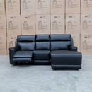 The Anchorage Three Seater Triple Motor Chaise Recliner Lounge - Black Leather available to purchase from Warehouse Furniture Clearance at our next sale event.