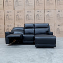 The Anchorage Three Seater Triple Motor Chaise Recliner Lounge - Black Leather available to purchase from Warehouse Furniture Clearance at our next sale event.