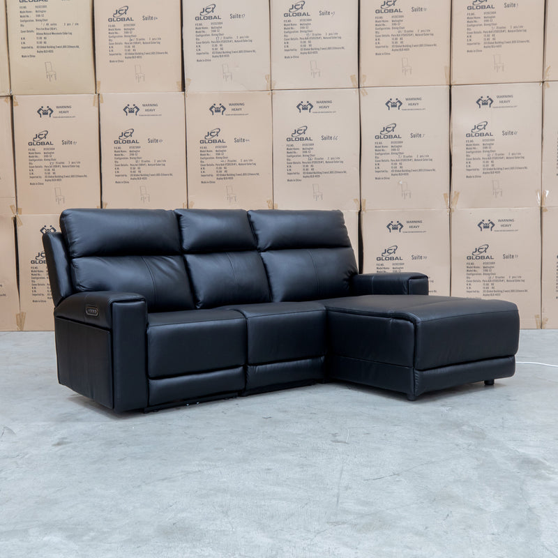 The Anchorage Three Seater Triple Motor Chaise Recliner Lounge - Black Leather available to purchase from Warehouse Furniture Clearance at our next sale event.