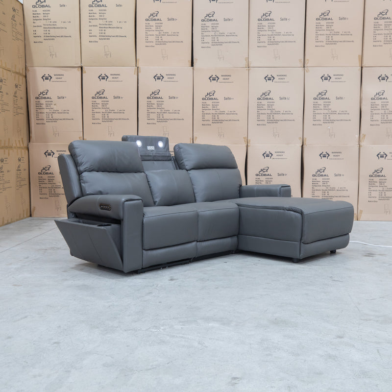 The Anchorage Three Seater Triple Motor Chaise Recliner Lounge - Storm Leather available to purchase from Warehouse Furniture Clearance at our next sale event.