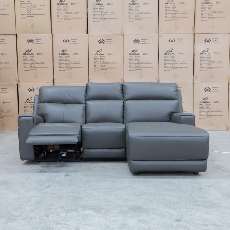 The Anchorage Three Seater Triple Motor Chaise Recliner Lounge - Storm Leather available to purchase from Warehouse Furniture Clearance at our next sale event.