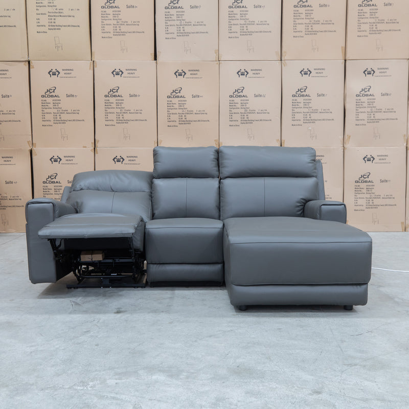 The Anchorage Three Seater Triple Motor Chaise Recliner Lounge - Storm Leather available to purchase from Warehouse Furniture Clearance at our next sale event.