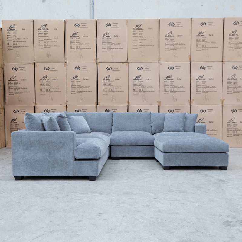 The Ashland Deep Seated Feather & Foam Corner Lounge with Ottoman - Frost available to purchase from Warehouse Furniture Clearance at our next sale event.