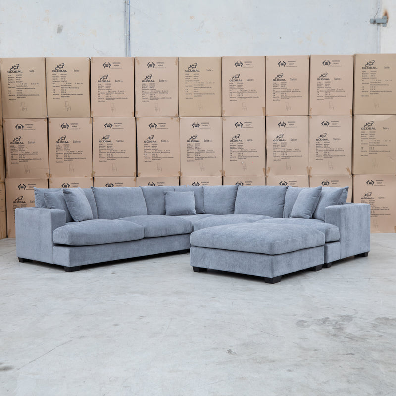 The Ashland Deep Seated Feather & Foam Corner Lounge with Ottoman - Frost available to purchase from Warehouse Furniture Clearance at our next sale event.