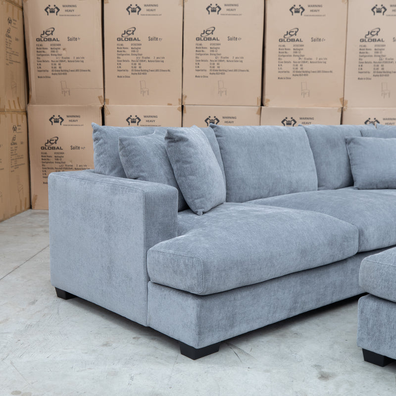 The Ashland Deep Seated Feather & Foam Corner Lounge with Ottoman - Frost available to purchase from Warehouse Furniture Clearance at our next sale event.