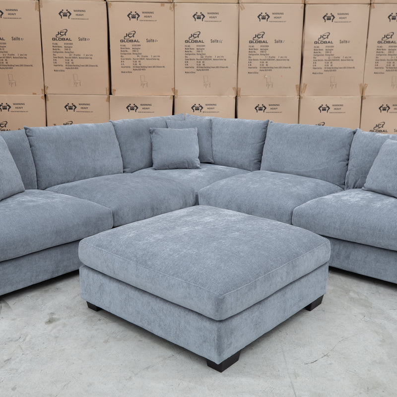 The Ashland Deep Seated Feather & Foam Corner Lounge with Ottoman - Frost available to purchase from Warehouse Furniture Clearance at our next sale event.